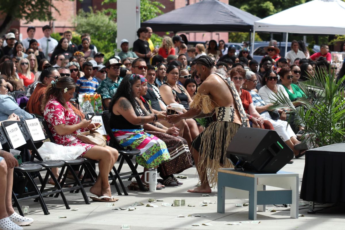 A performer interacts with the audience at OSU’s Pasifika Fest at SEC Plaza on May 9, 2026. The Pacific Islander Association hosted Pasifika Fest for families and students as they gathered at SEC Plaza to celebrate their cultural pride through love and community.